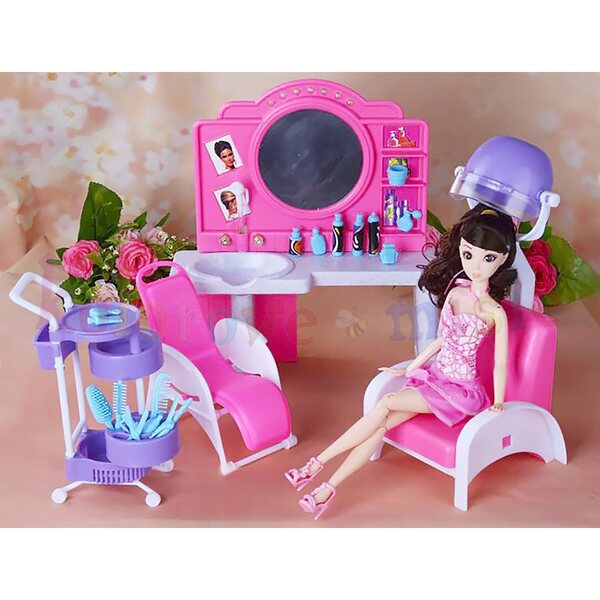 Tavolo da parrucchiere per bambole Deco Mariage rosa con accessori in plastica
