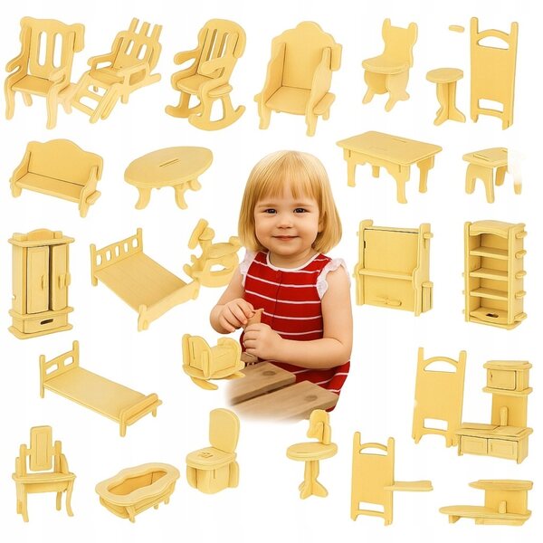 Holzmöbel-Set für Puppenhaus, 34-teilig – Schlafzimmer, Küche, Wohnzimmer