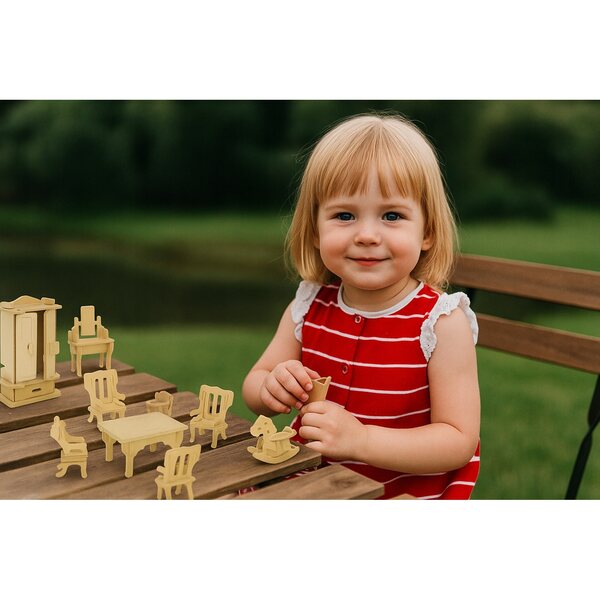 Holzmöbel-Set für Puppenhaus, 34-teilig – Schlafzimmer, Küche, Wohnzimmer