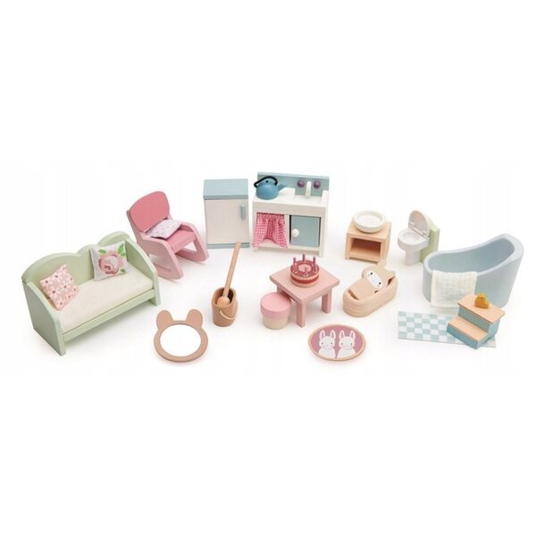 Tender Leaf Toys set mobili in legno per casa delle bambole, interno dettagliato
