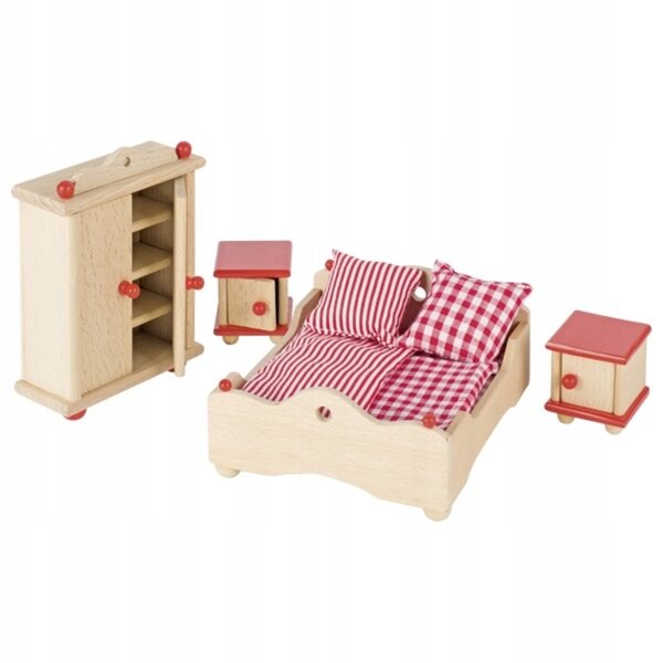 Set Mobili da Camera per Casa delle Bambole Goki in Legno con Accenti Rossi