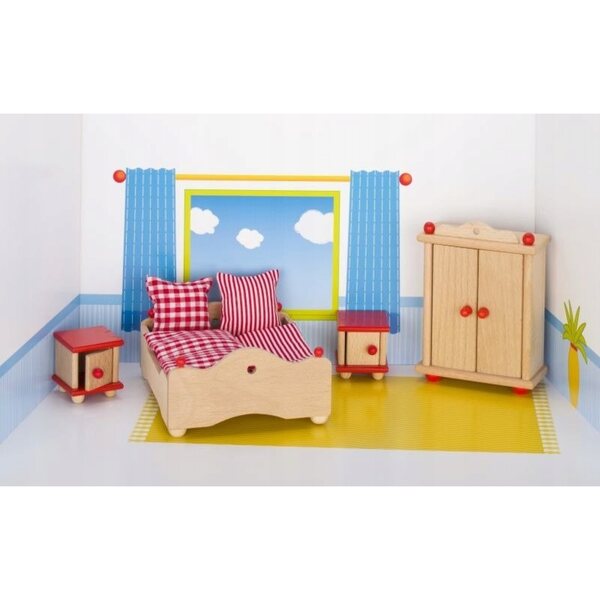 Set Mobili da Camera per Casa delle Bambole Goki in Legno con Accenti Rossi