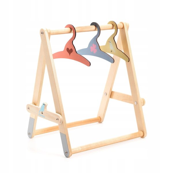 DJECO Wäscheständer aus Holz mit 3 Kleiderbügeln für Puppenkleidung 33 cm
