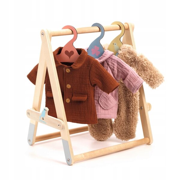 DJECO Wäscheständer aus Holz mit 3 Kleiderbügeln für Puppenkleidung 33 cm