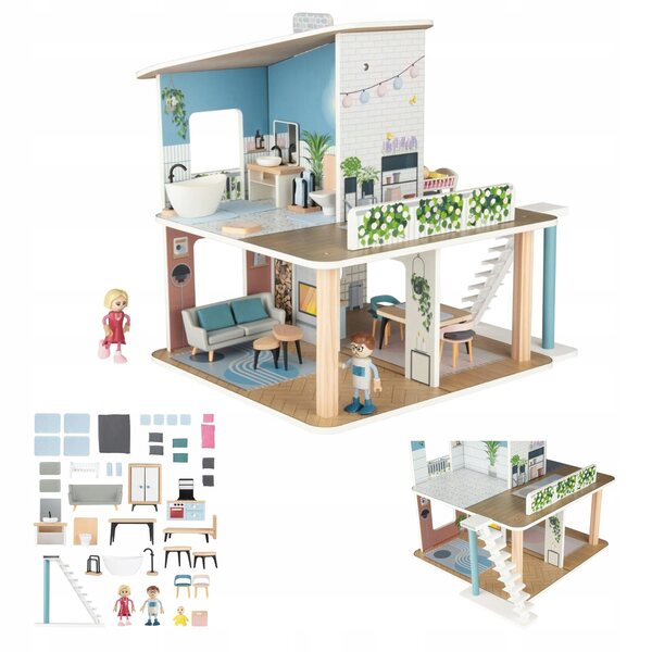 Maison de poupée en bois avec toit amovible et mobile, 42 pièces