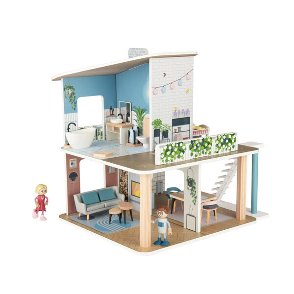 Maison de poupée en bois avec toit amovible et mobile, 42 pièces