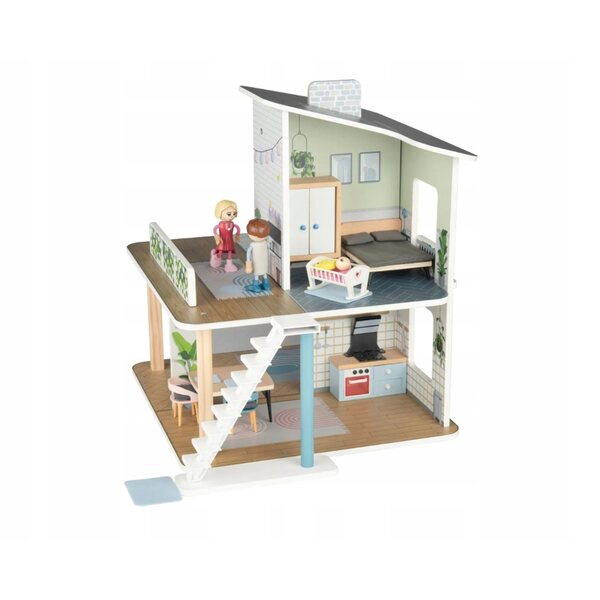 Maison de poupée en bois avec toit amovible et mobile, 42 pièces