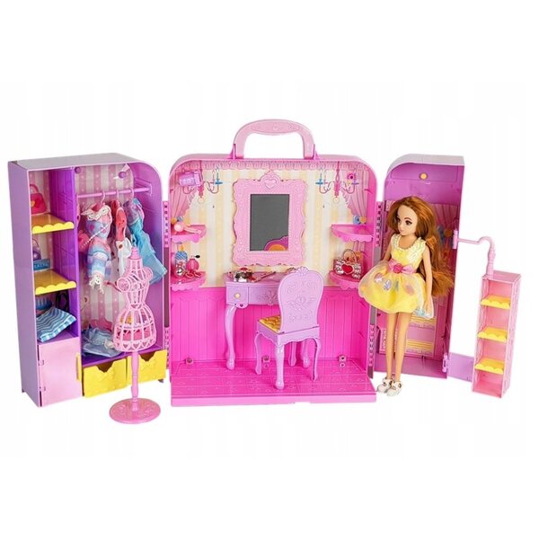 Garderoba con luce e specchio per bambola 26 cm con abiti e accessori per bimba