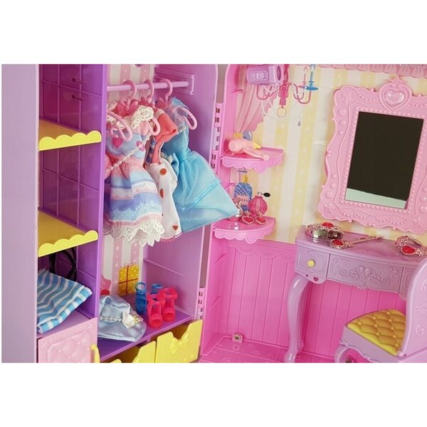 Garderoba con luce e specchio per bambola 26 cm con abiti e accessori per bimba