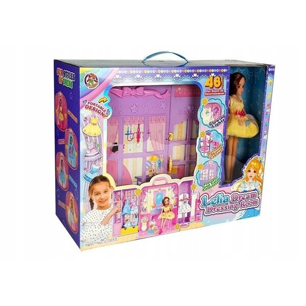 Garderoba con luce e specchio per bambola 26 cm con abiti e accessori per bimba