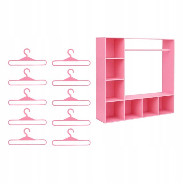 Miniatura Armadio per Abiti Bambole Rosa con 10 Appendini e Divisori
