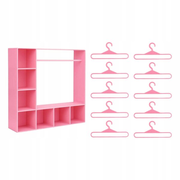 Miniatura Armadio per Abiti Bambole Rosa con 10 Appendini e Divisori