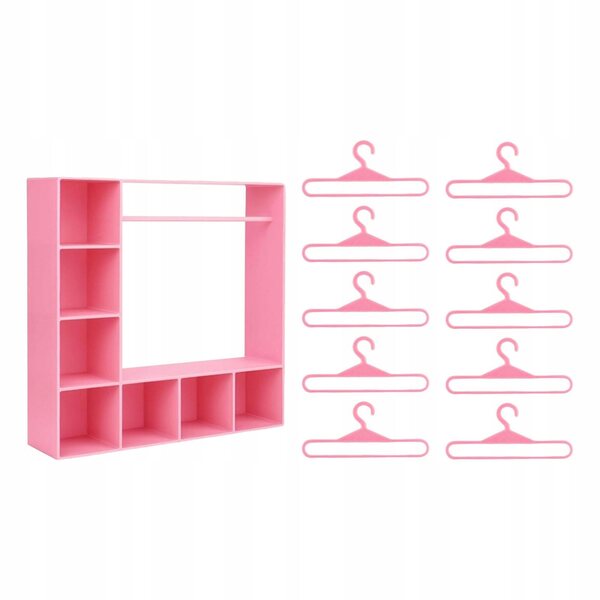 Miniatura Armadio per Abiti Bambole Rosa con 10 Appendini e Divisori