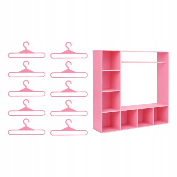 Miniatura Armadio per Abiti Bambole Rosa con 10 Appendini e Divisori
