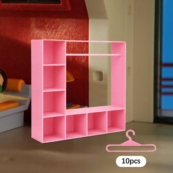Miniatura Armadio per Abiti Bambole Rosa con 10 Appendini e Divisori
