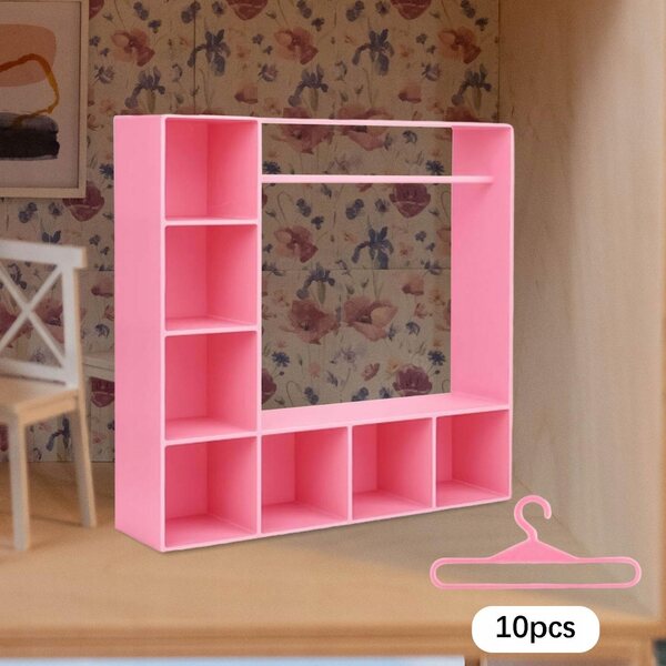 Miniatura Armadio per Abiti Bambole Rosa con 10 Appendini e Divisori