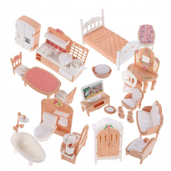 Mini-Puppenhaus-Möbelset aus buntem Kunststoff, 32-teilig
