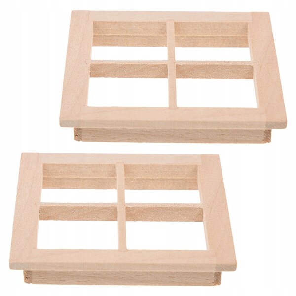 2 beige Puppenhausfenster aus Holz mit vier Stiel-Minirahmen