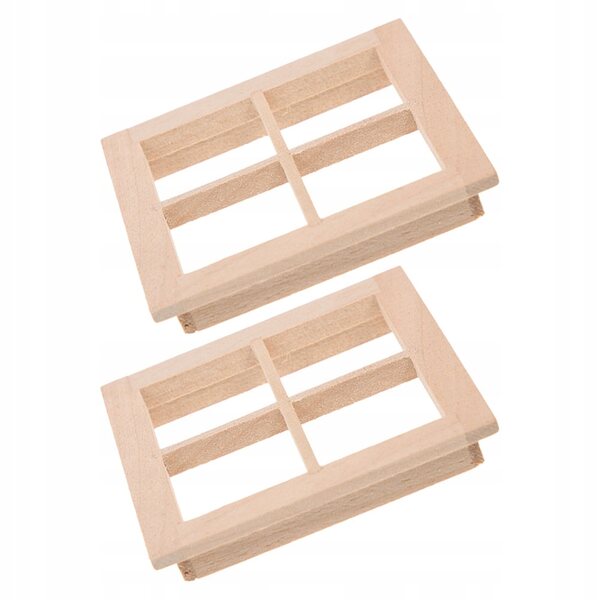 2 beige Puppenhausfenster aus Holz mit vier Stiel-Minirahmen