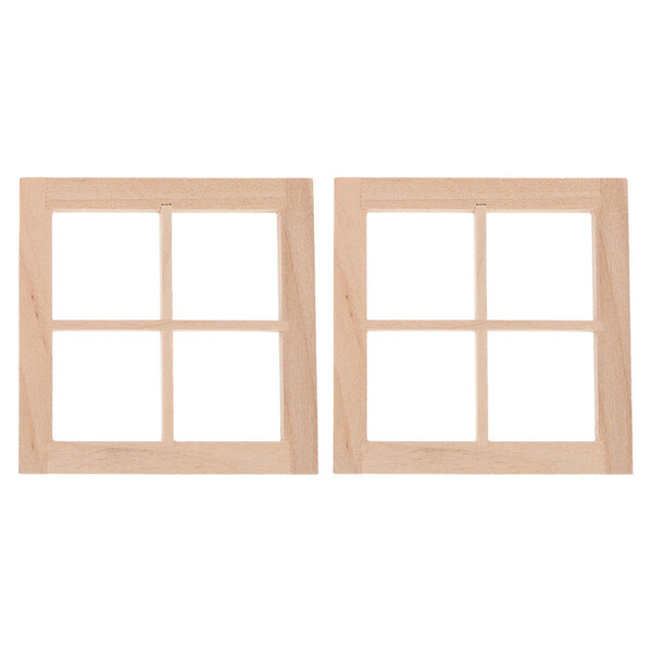 2 beige Puppenhausfenster aus Holz mit vier Stiel-Minirahmen