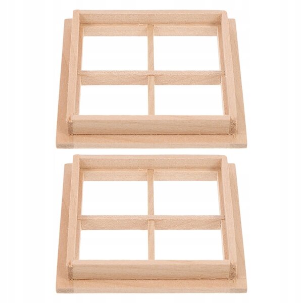 2 beige Puppenhausfenster aus Holz mit vier Stiel-Minirahmen