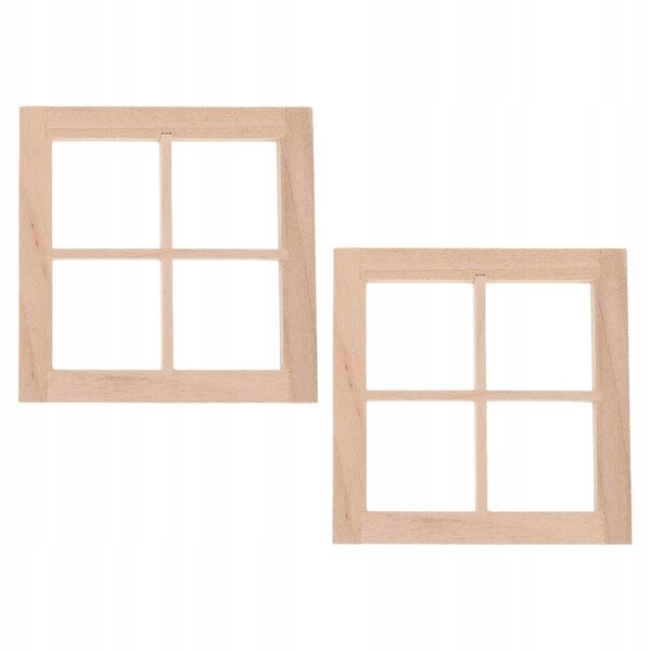 2 beige Puppenhausfenster aus Holz mit vier Stiel-Minirahmen