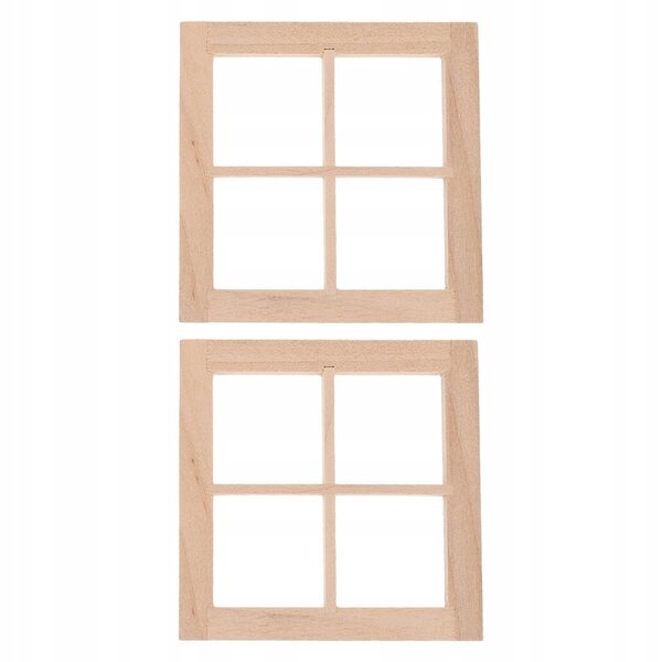 2 beige Puppenhausfenster aus Holz mit vier Stiel-Minirahmen