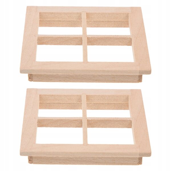 2 beige Puppenhausfenster aus Holz mit vier Stiel-Minirahmen