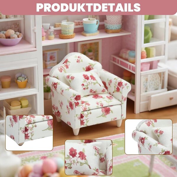Mini-Vintage-Holzmöbelset mit Sofa und Kissen für 1:12 Puppenhaus