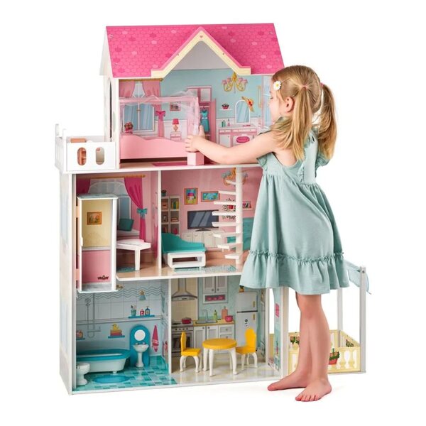Къща за кукли Woody Malibu, 120 см, дървена, розова, с асансьор, 3 етажа