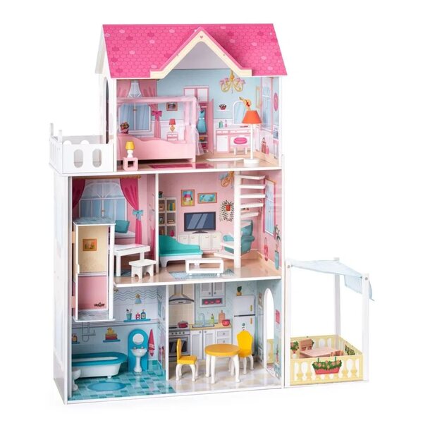 Maison de poupée Woody Malibu, 120 cm, en bois, rose, avec ascenseur, 3 étages