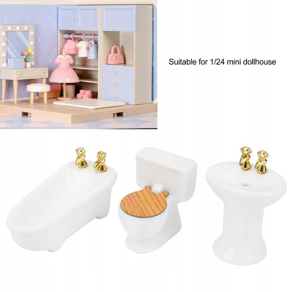 Badezimmerminiatur aus Holz für 1/24 Puppenhaus mit Badewanne und Waschbecken