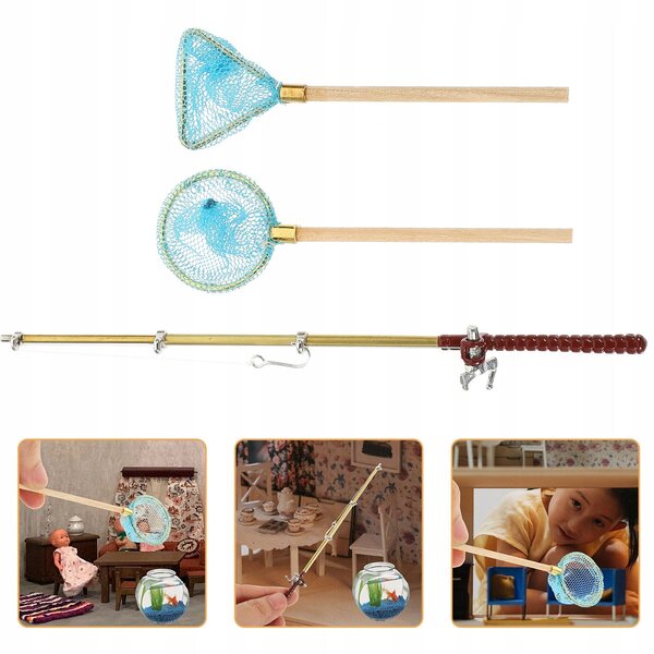 Set Miniature di Canne da Pesca e Reti per Casa delle Bambole in Legno e Metallo