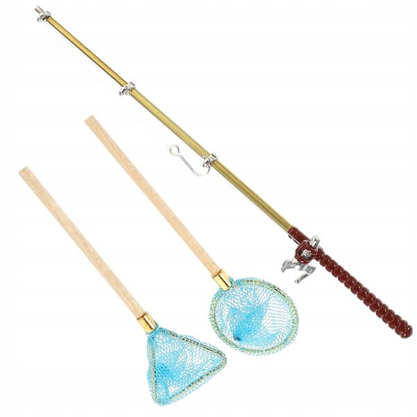 Set Miniature di Canne da Pesca e Reti per Casa delle Bambole in Legno e Metallo