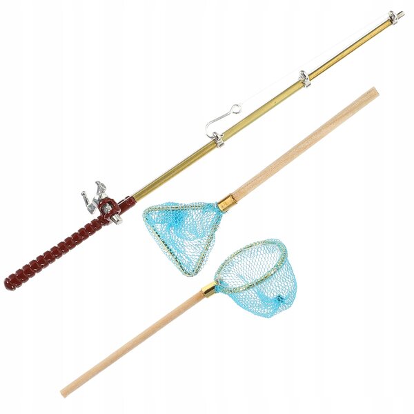 Set Miniature di Canne da Pesca e Reti per Casa delle Bambole in Legno e Metallo