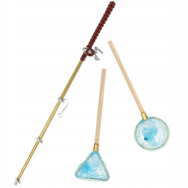 Set Miniature di Canne da Pesca e Reti per Casa delle Bambole in Legno e Metallo