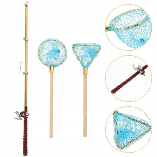 Set Miniature di Canne da Pesca e Reti per Casa delle Bambole in Legno e Metallo