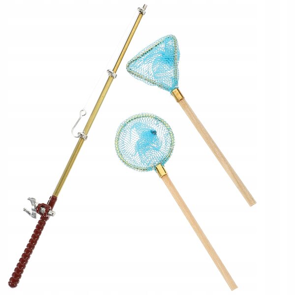 Set Miniature di Canne da Pesca e Reti per Casa delle Bambole in Legno e Metallo