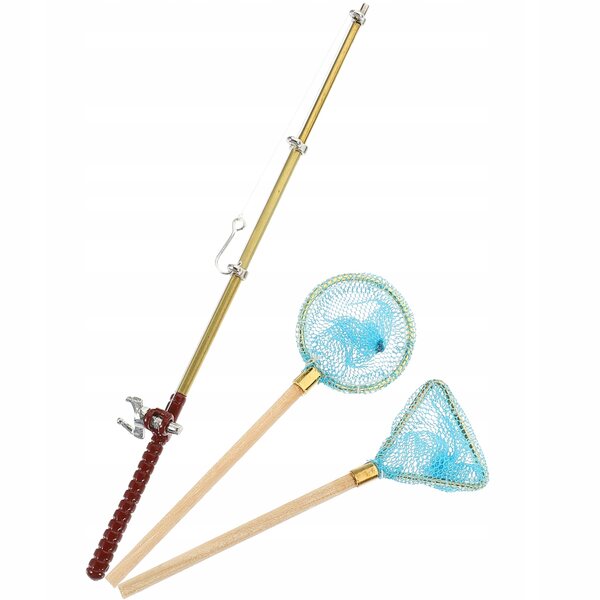 Set Miniature di Canne da Pesca e Reti per Casa delle Bambole in Legno e Metallo