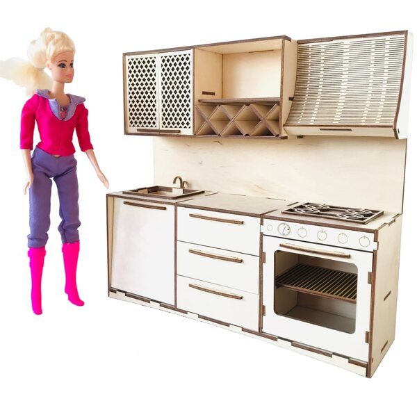 Holzküche für 30 cm große Puppen mit Backofen und Spielzubehör