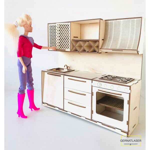 Holzküche für 30 cm große Puppen mit Backofen und Spielzubehör