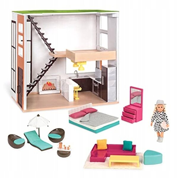 Lori LO37071Z Haus und Zubehör für Mini-Spielset mit Puppe für Kinder ab 7 Jahren