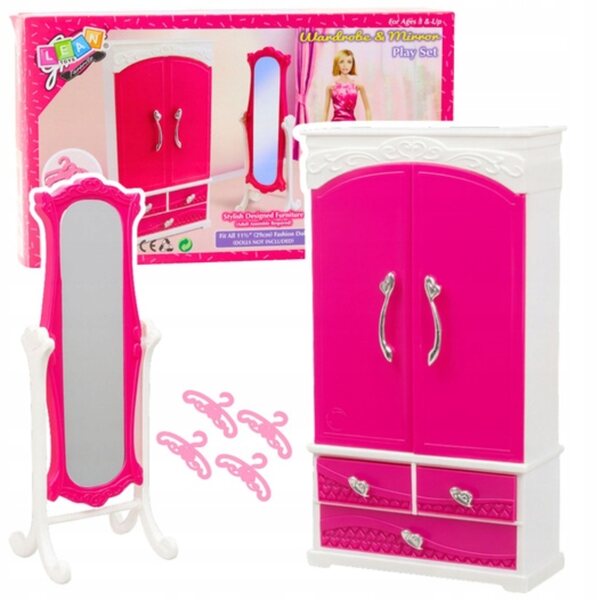 Set Mobili per Bambole 29 cm con Armadio, Specchio e Appendiabiti Rosa