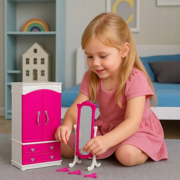 Set Mobili per Bambole 29 cm con Armadio, Specchio e Appendiabiti Rosa