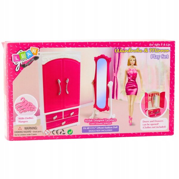 Set Mobili per Bambole 29 cm con Armadio, Specchio e Appendiabiti Rosa