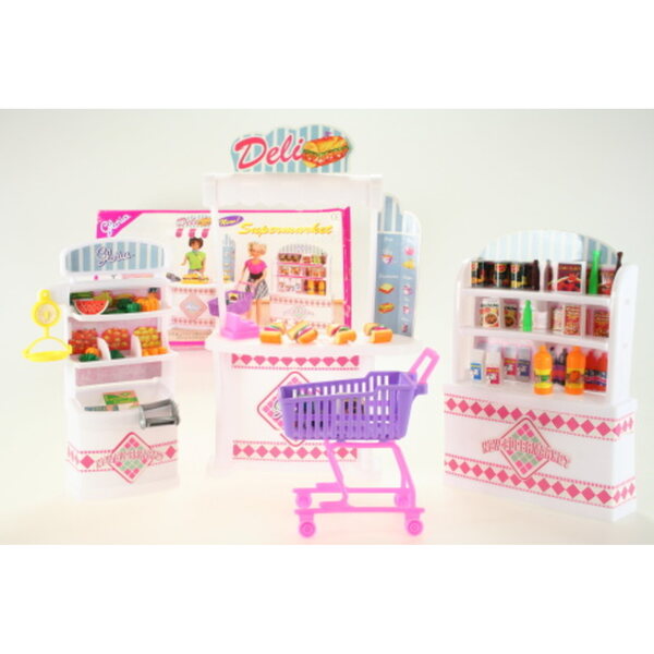Set supermercato Gloria con cassa, scaffali, prodotti e carrello per bambole 3+