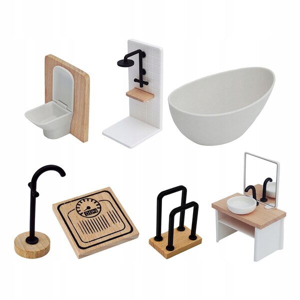 Badezimmermöbel-Set aus Holz für Puppenhaus, 7-teilig, Maßstab 1:12