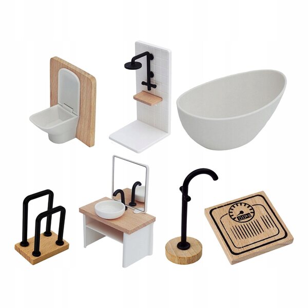 Badezimmermöbel-Set aus Holz für Puppenhaus, 7-teilig, Maßstab 1:12