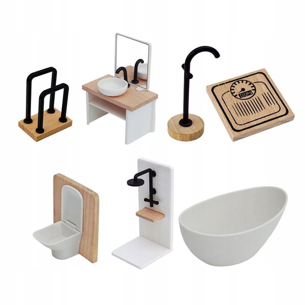 Badezimmermöbel-Set aus Holz für Puppenhaus, 7-teilig, Maßstab 1:12