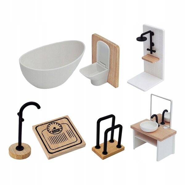 Badezimmermöbel-Set aus Holz für Puppenhaus, 7-teilig, Maßstab 1:12